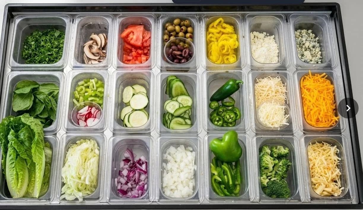 Fresh greens, vegetables, cheese and toppings at the Happy Hearts salad bar
